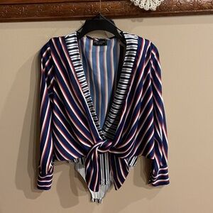 ZARA women’s deep V neck front tie blouse BODYSUIT long sleeve cuffed size Small